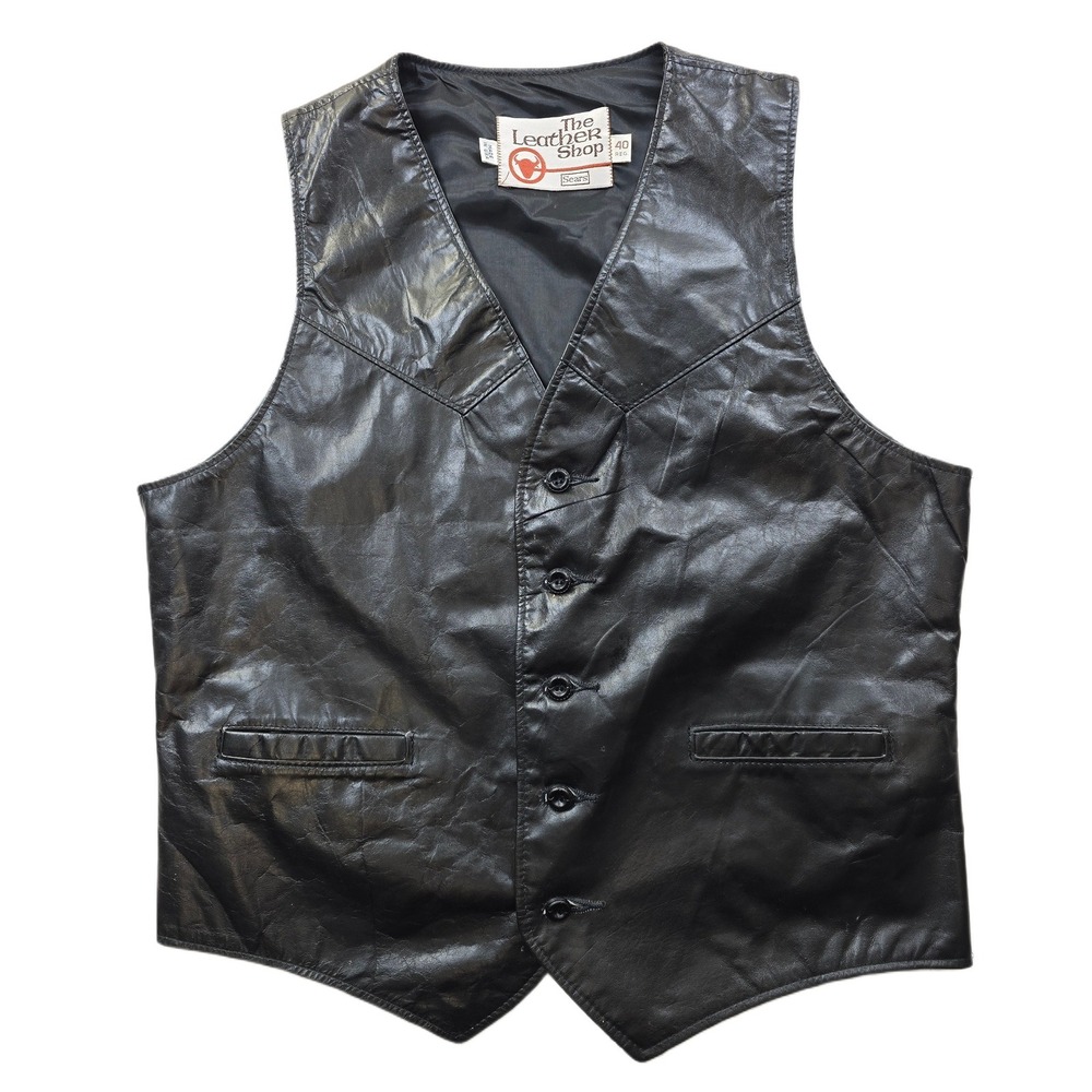 Vintage Sears Leather Shop Vest Mens Medium 40 Black Western Biker USA